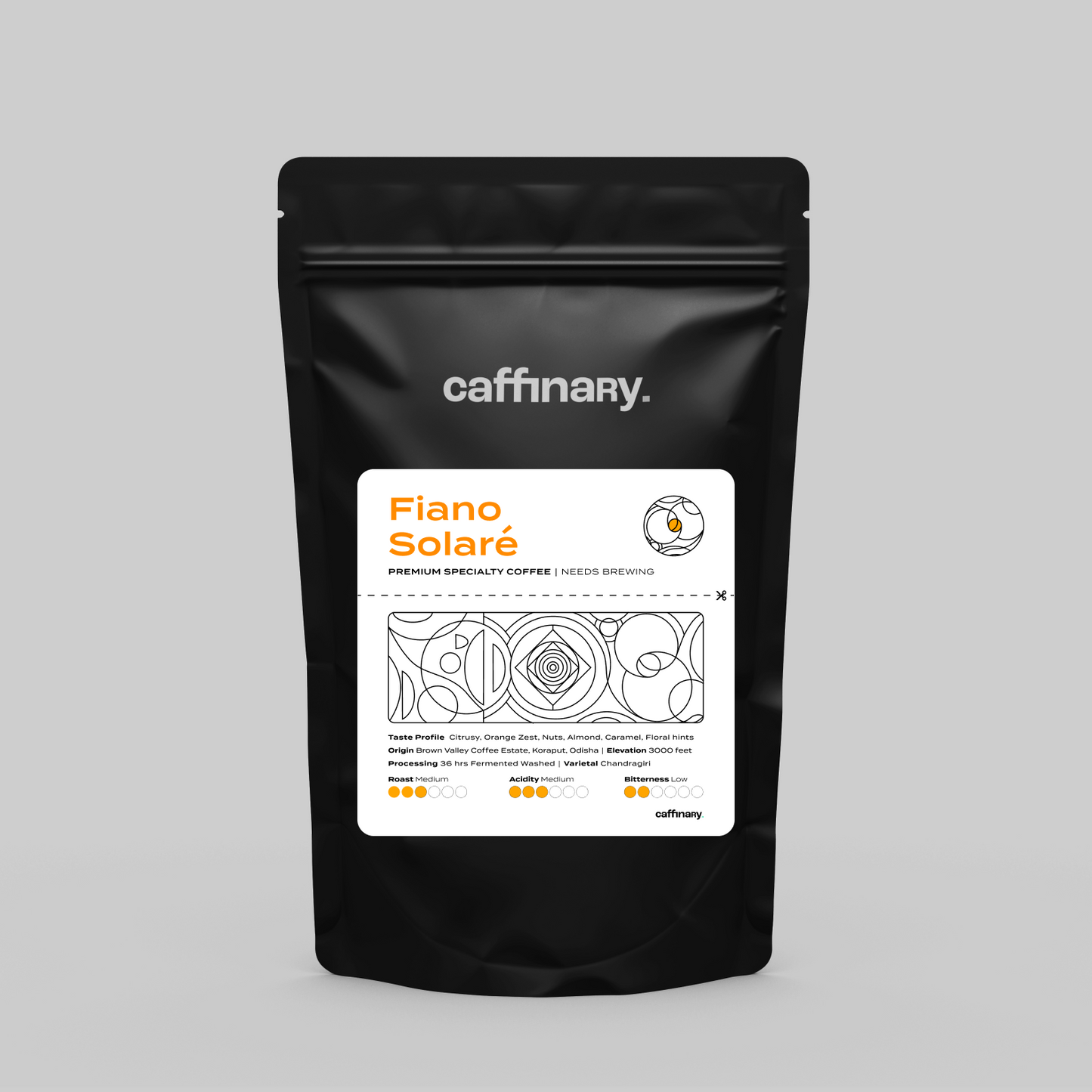 Caffinary coffee package with 'Fiano Solare' label on a gray background